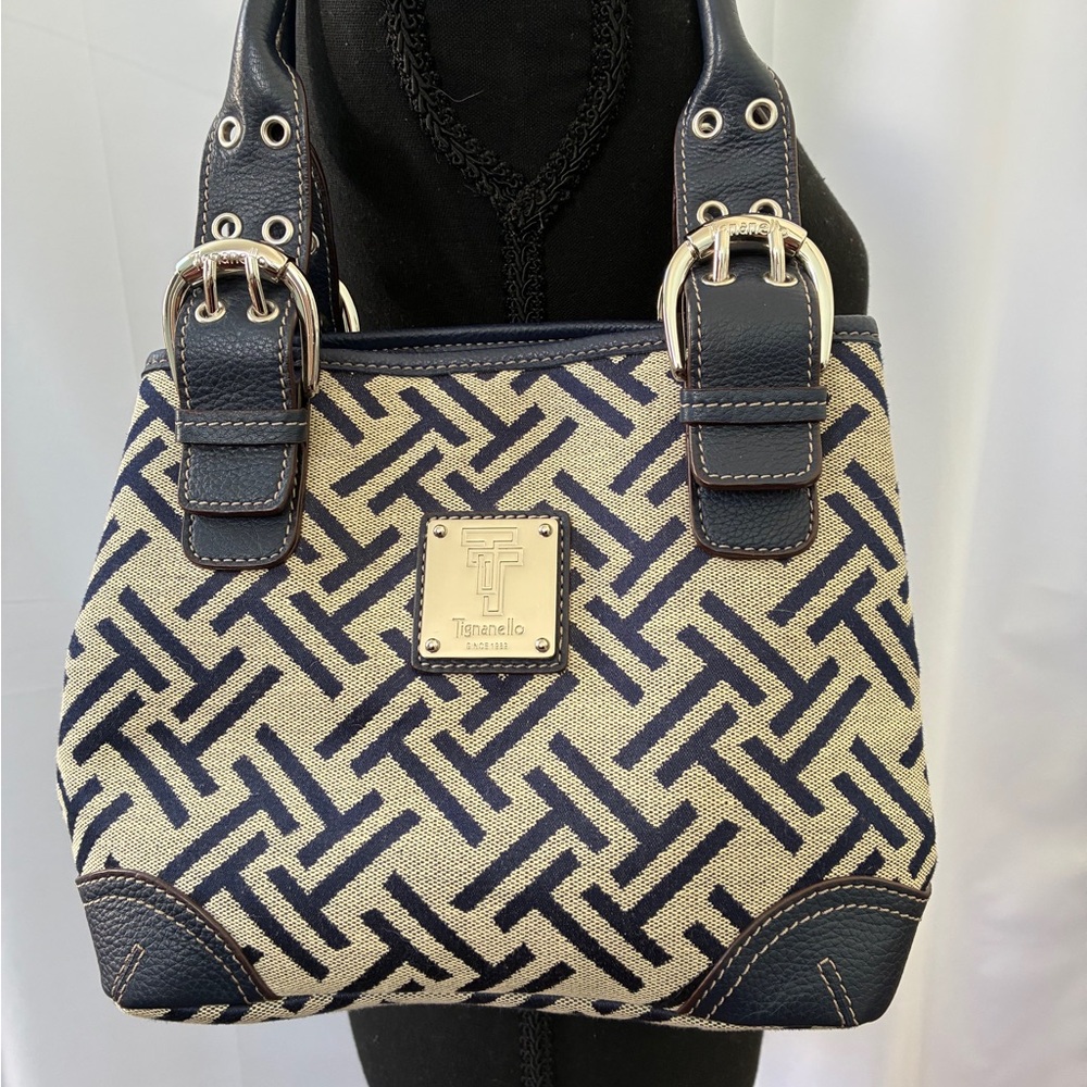 Tignanello Black & Tan Signature T-Time Jacquard Satchel With Leather Trim